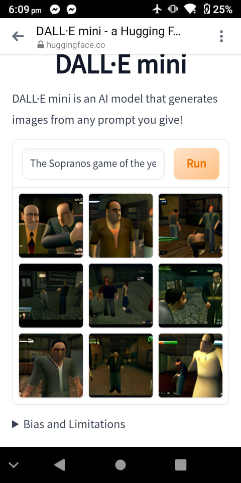 The meme is an image of the DALL-E mini website, with the title "DALL-E mini - a Hugging Face project" and a prompt to generate images from text. The prompt is "The Sopranos game of the year" and the user has clicked the "Run" button. The image is a collection of generated images, but the text of the prompt is not visible.